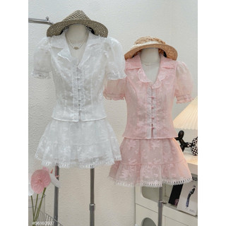 SEP House - Set ren hoa cổ sen tay bồng cúc bọc phối chân váy ngắn xoè viền ren trắng hồng tiểu thư, sang trọng - Loại 1