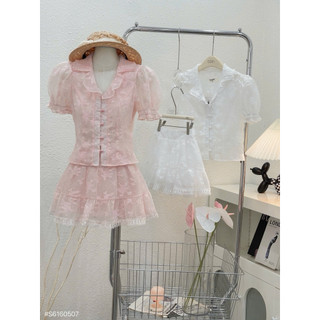 SEP House - Set ren hoa cổ sen tay bồng cúc bọc phối chân váy ngắn xoè viền ren trắng hồng tiểu thư, sang trọng - Loại 1