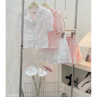 SEP House - Set ren hoa cổ sen tay bồng cúc bọc phối chân váy ngắn xoè viền ren trắng hồng tiểu thư, sang trọng - Loại 1