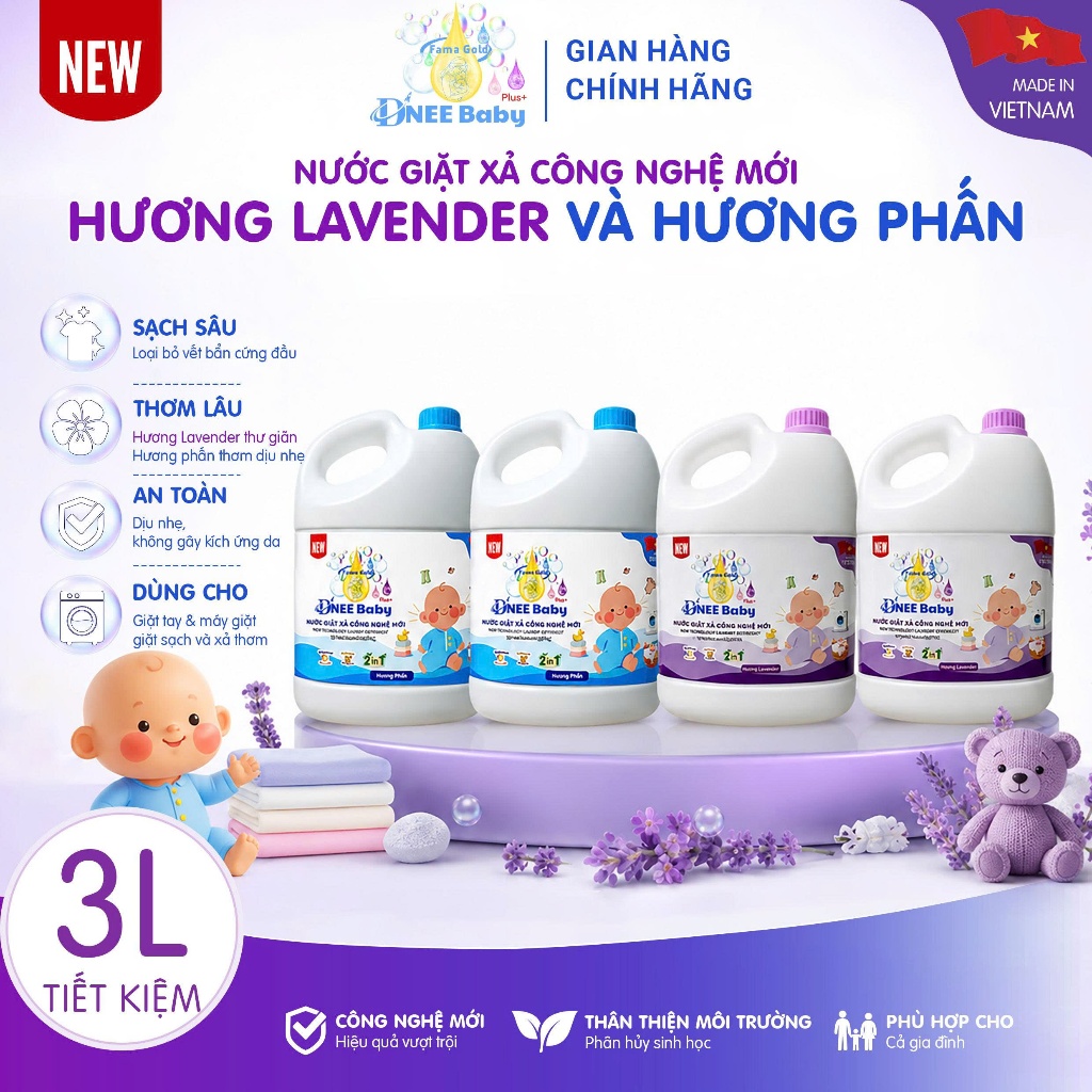 [Thùng 4 Can] Nước Giặt Xả Cho Bé Dnee Baby - 3L Chính Hãng Dịu Nhẹ Cho Da Sơ Sinh, Mềm Vải, Lưu Hương, Giặt Xả 2in