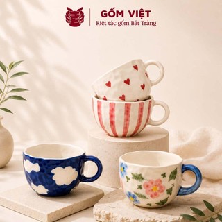 Cốc, ly sứ có quai dáng lùn, men bòng giả nặn dùng uống nước, trà, coffe - Gốm sứ Bát Tràng - Gốm Việt