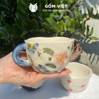 Cốc, ly sứ có quai dáng lùn, men bòng giả nặn dùng uống nước, trà, coffe - Gốm sứ Bát Tràng - Gốm Việt
