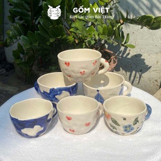 Cốc, ly sứ có quai dáng lùn, men bòng giả nặn dùng uống nước, trà, coffe - Gốm sứ Bát Tràng - Gốm Việt