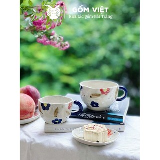 Cốc, ly sứ có quai dáng lùn, men bòng giả nặn dùng uống nước, trà, coffe - Gốm sứ Bát Tràng - Gốm Việt
