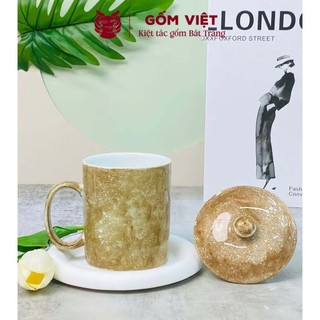 Cốc, ly uống trà, nước vân đá tay cầm chữ C có nắp dung tích 350ml - Gốm sứ Bát Tràng - Gốm Việt