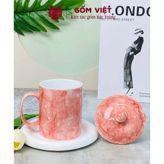 Cốc, ly uống trà, nước vân đá tay cầm chữ C có nắp dung tích 350ml - Gốm sứ Bát Tràng - Gốm Việt