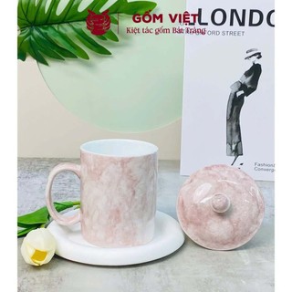 Cốc, ly uống trà, nước vân đá tay cầm chữ C có nắp dung tích 350ml - Gốm sứ Bát Tràng - Gốm Việt