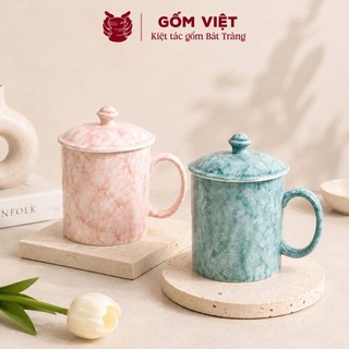 Cốc, ly uống trà, nước vân đá tay cầm chữ C có nắp dung tích 350ml - Gốm sứ Bát Tràng - Gốm Việt
