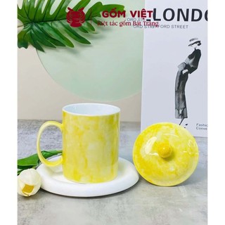 Cốc, ly uống trà, nước vân đá tay cầm chữ C có nắp dung tích 350ml - Gốm sứ Bát Tràng - Gốm Việt