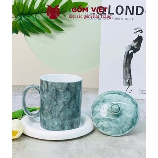 Cốc, ly uống trà, nước vân đá tay cầm chữ C có nắp dung tích 350ml - Gốm sứ Bát Tràng - Gốm Việt