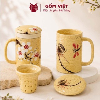 Cốc, ly uống nước kèm lõi lọc men tiêu vàng vẽ tay thủ công cao cấp - Gốm sứ Bát Tràng - Gốm Việt