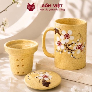 Cốc, ly uống nước kèm lõi lọc men tiêu vàng vẽ tay thủ công cao cấp - Gốm sứ Bát Tràng - Gốm Việt