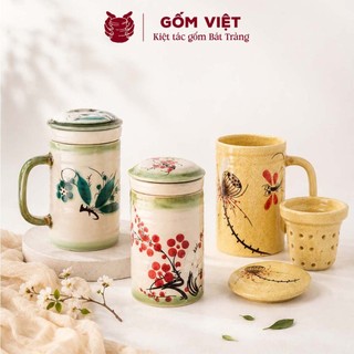 Cốc, ly uống nước kèm lõi lọc men tiêu vàng vẽ tay thủ công cao cấp - Gốm sứ Bát Tràng - Gốm Việt