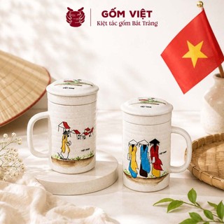 Cốc, ly uống nước kèm lõi lọc họa tiết Áo dài Việt Nam vẽ tay thủ công cao cấp - Gốm sứ Bát Tràng - Gốm Việt