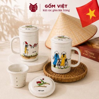Cốc, ly uống nước kèm lõi lọc họa tiết Áo dài Việt Nam vẽ tay thủ công cao cấp - Gốm sứ Bát Tràng - Gốm Việt