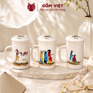 Cốc, ly uống nước kèm lõi lọc họa tiết Áo dài Việt Nam vẽ tay thủ công cao cấp - Gốm sứ Bát Tràng - Gốm Việt