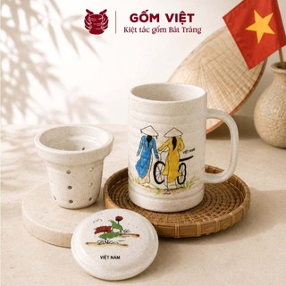 Cốc, ly uống nước kèm lõi lọc họa tiết Áo dài Việt Nam vẽ tay thủ công cao cấp - Gốm sứ Bát Tràng - Gốm Việt