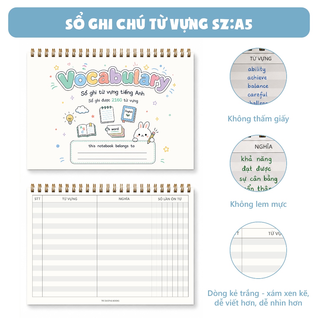 Sổ tay 120 trang ghi chú từ vựng tiếng Anh, Trung, Nhật A5 - sổ ghi chép từ vựng 2160 Từ