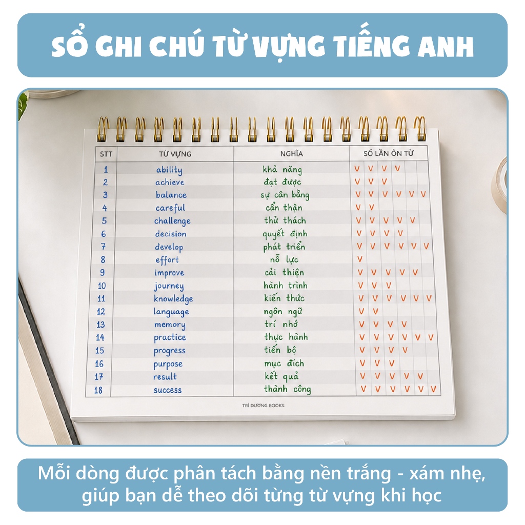 Sổ tay 120 trang ghi chú từ vựng tiếng Anh, Trung, Nhật A5 - sổ ghi chép từ vựng 2160 Từ