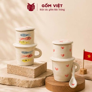 Bộ phin cà phê vẽ tay thủ công kèm muỗng gốm sứ Bát Tràng, quà tặng ý nghĩa - Gốm Việt Pottery