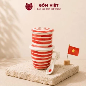 Bộ phin cà phê vẽ tay thủ công kèm muỗng gốm sứ Bát Tràng, quà tặng ý nghĩa - Gốm Việt Pottery