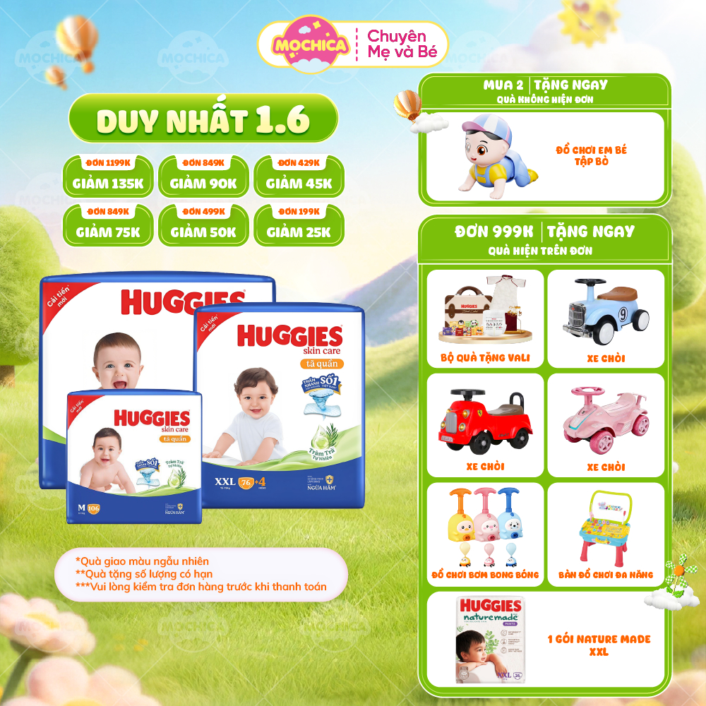 Bỉm/Tã quần Huggies Tràm Trà Tự Nhiên SKINCARE Pants Mega Jumbo M106/L104/XL88/XXL80- Mochica