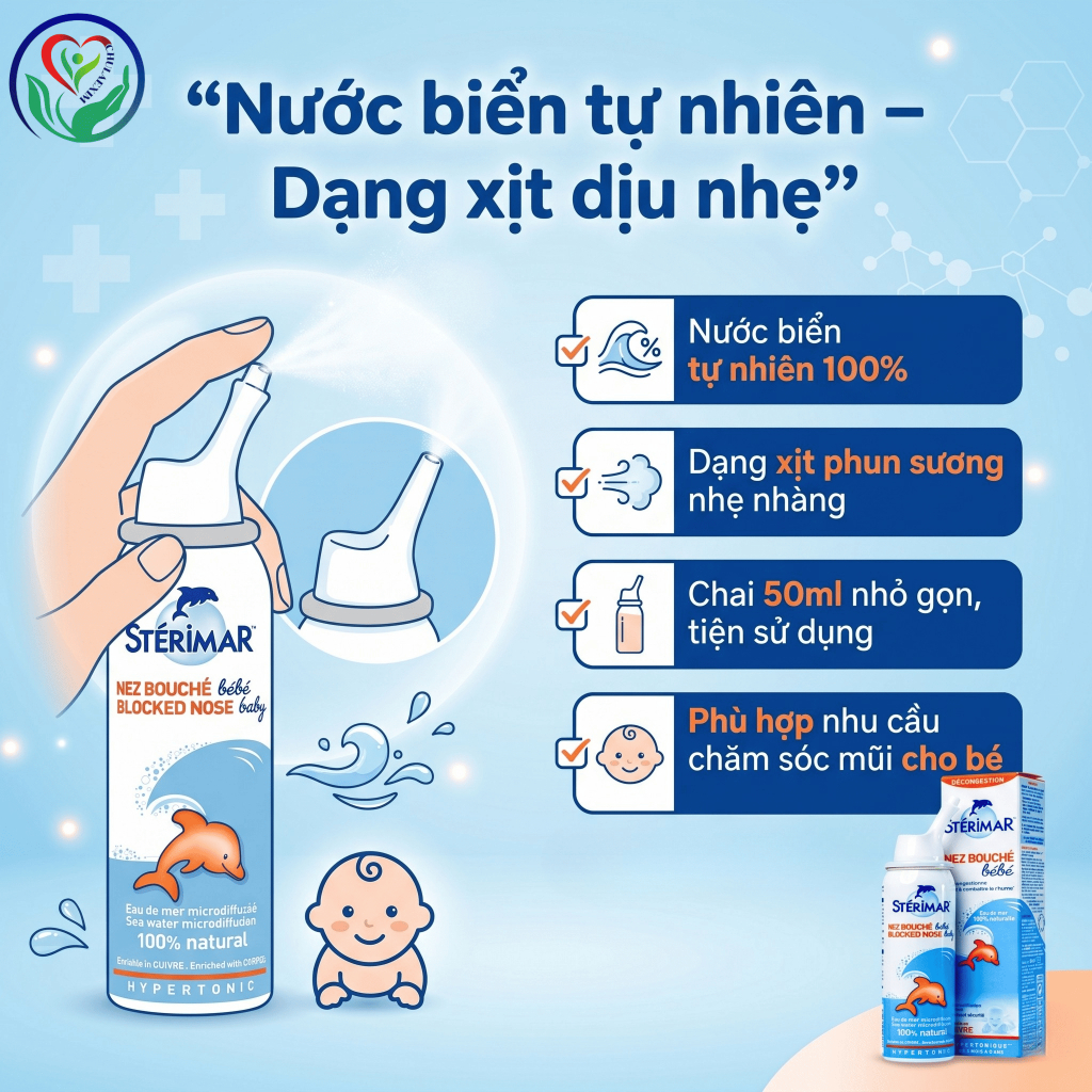 Xịt mũi trẻ em Sterimar Blocked Nose Baby 50ml hỗ trợ làm sạch dịch nhầy, thông thoáng mũi cho bé