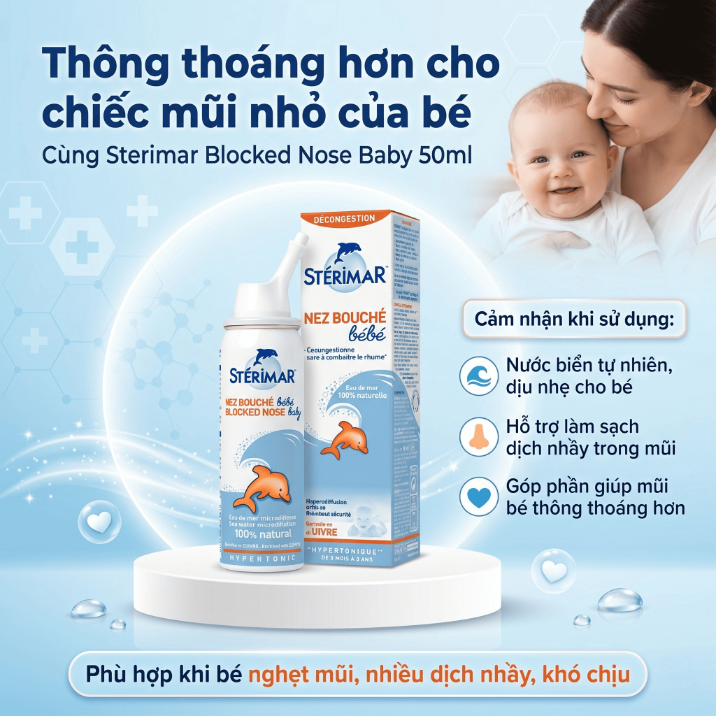 Xịt mũi trẻ em Sterimar Blocked Nose Baby 50ml hỗ trợ làm sạch dịch nhầy, thông thoáng mũi cho bé