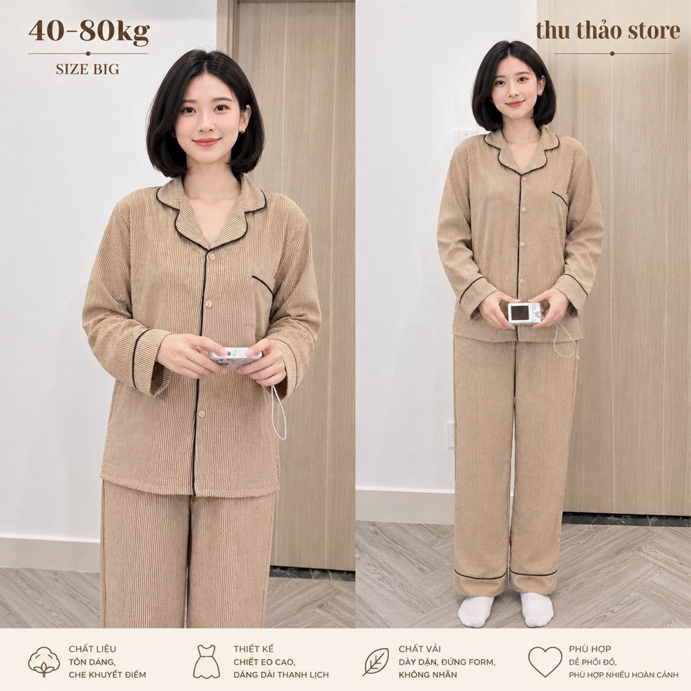 {40-80kg}Bộ ngủ dài tay sọc kẻ form đẹp vải đũi lạnh chất liệu mềm mại.