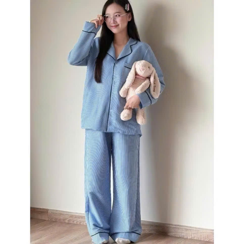 {40-80kg}Bộ ngủ dài tay sọc kẻ form đẹp vải đũi lạnh chất liệu mềm mại.