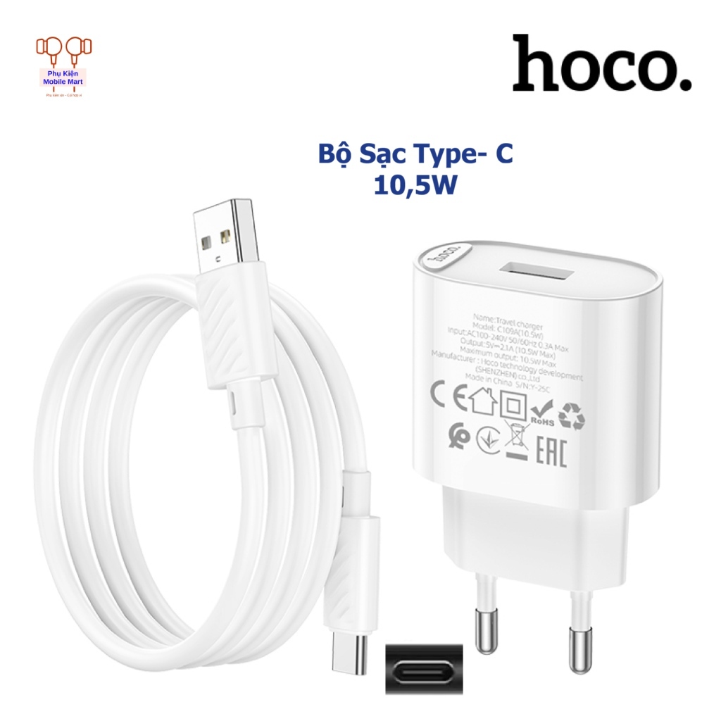 Bộ Sạc Nhanh Hoco C109A – Củ Sạc 10.5W USB to Type-C cho SS, OP  –  An Toàn  –  Ổn Định