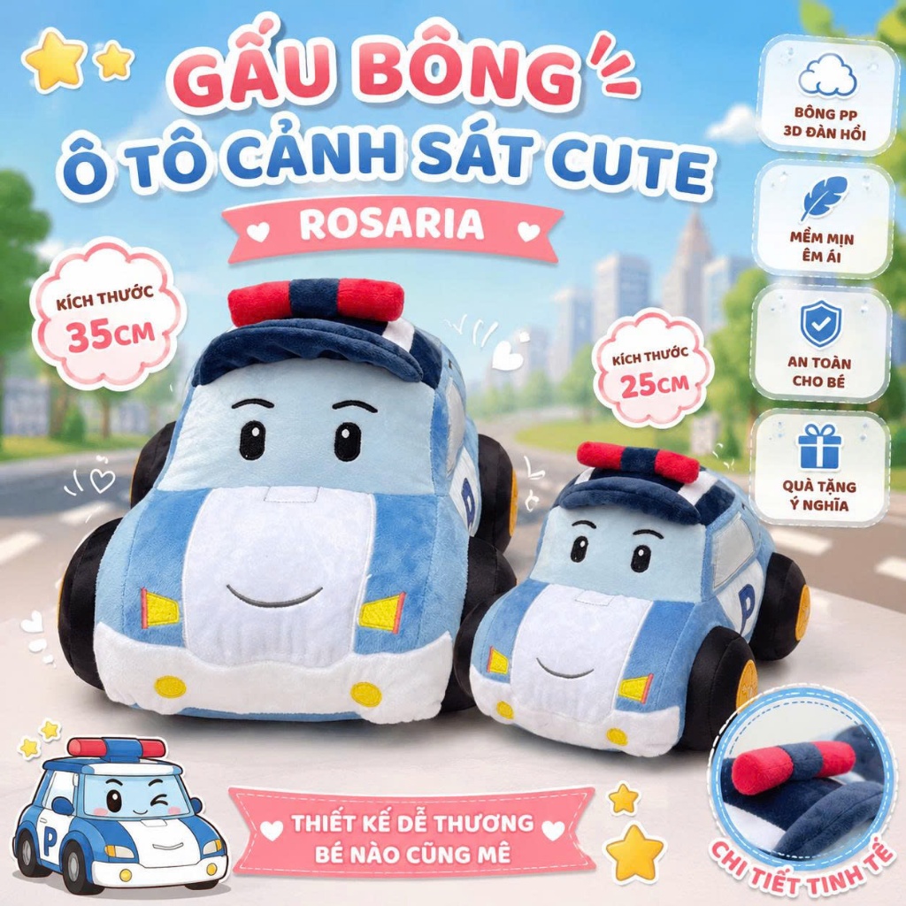 Gấu Bông Ô Tô Cảnh Sát Cute 25cm & 35cm – Thú Nhồi Bông Xe Hơi Cao Cấp, Mềm Mịn, Quà Tặng Cho Bé