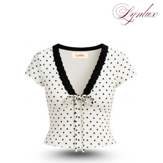 Áo Kiểu Nữ Ôm Body Y2K Cổ Tim Phối Ren Cột Dây Chất Thun Cotton Mịn, LynLux