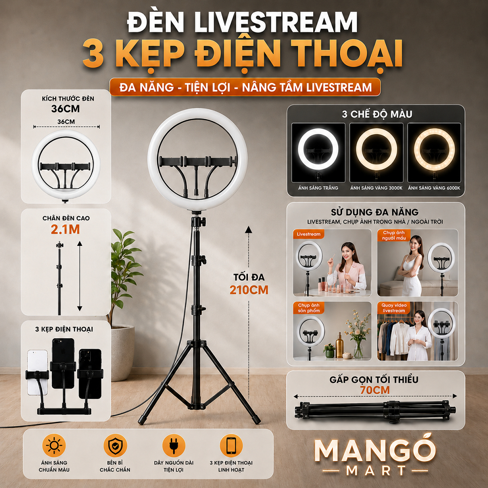 Đèn Livestream size 36cm  45 cm và chân 2m1 Hỗ Trợ Chụp Ảnh Make up Trang Điểm nhiều Chế Độ Sáng