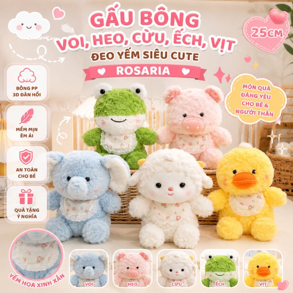 Gấu Bông Voi, Heo, Cừu, Ếch, Vịt Đeo Yếm Cao Cấp – Thú Nhồi Bông Dễ Thương Quà Tặng, Decor Phòng