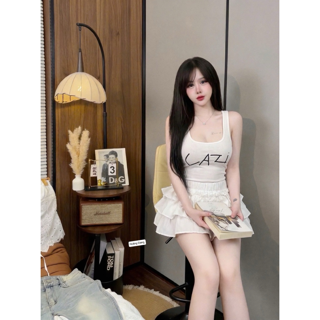 Set áo ba lỗ phối chữ mix chân váy bèo tầng
