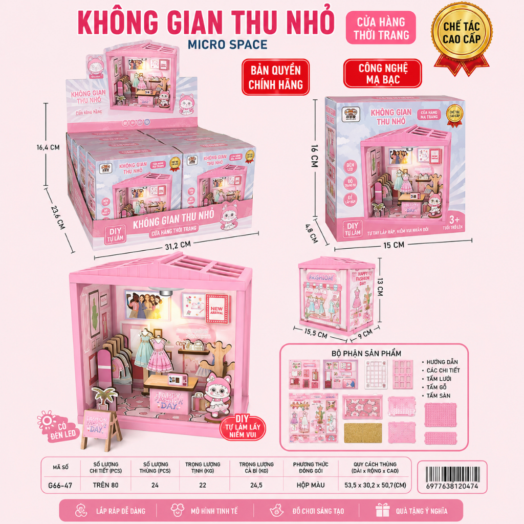 Bộ Nhà Gỗ Mini DIY Lắp Ráp Có Đèn LED, Mô Hình Cửa Hàng Thu Nhỏ Trang Trí Bàn Học Cho Bé