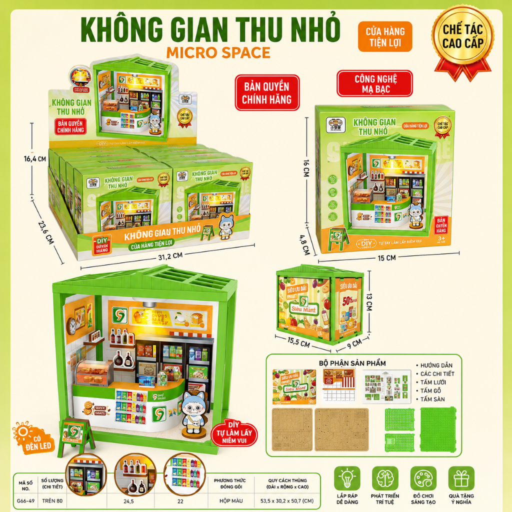 Bộ Nhà Gỗ Mini DIY Lắp Ráp Có Đèn LED, Mô Hình Cửa Hàng Thu Nhỏ Trang Trí Bàn Học Cho Bé