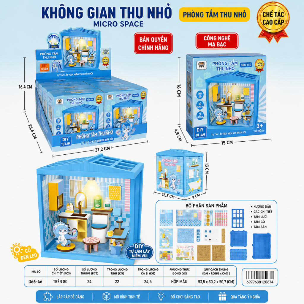 Bộ Nhà Gỗ Mini DIY Lắp Ráp Có Đèn LED, Mô Hình Cửa Hàng Thu Nhỏ Trang Trí Bàn Học Cho Bé