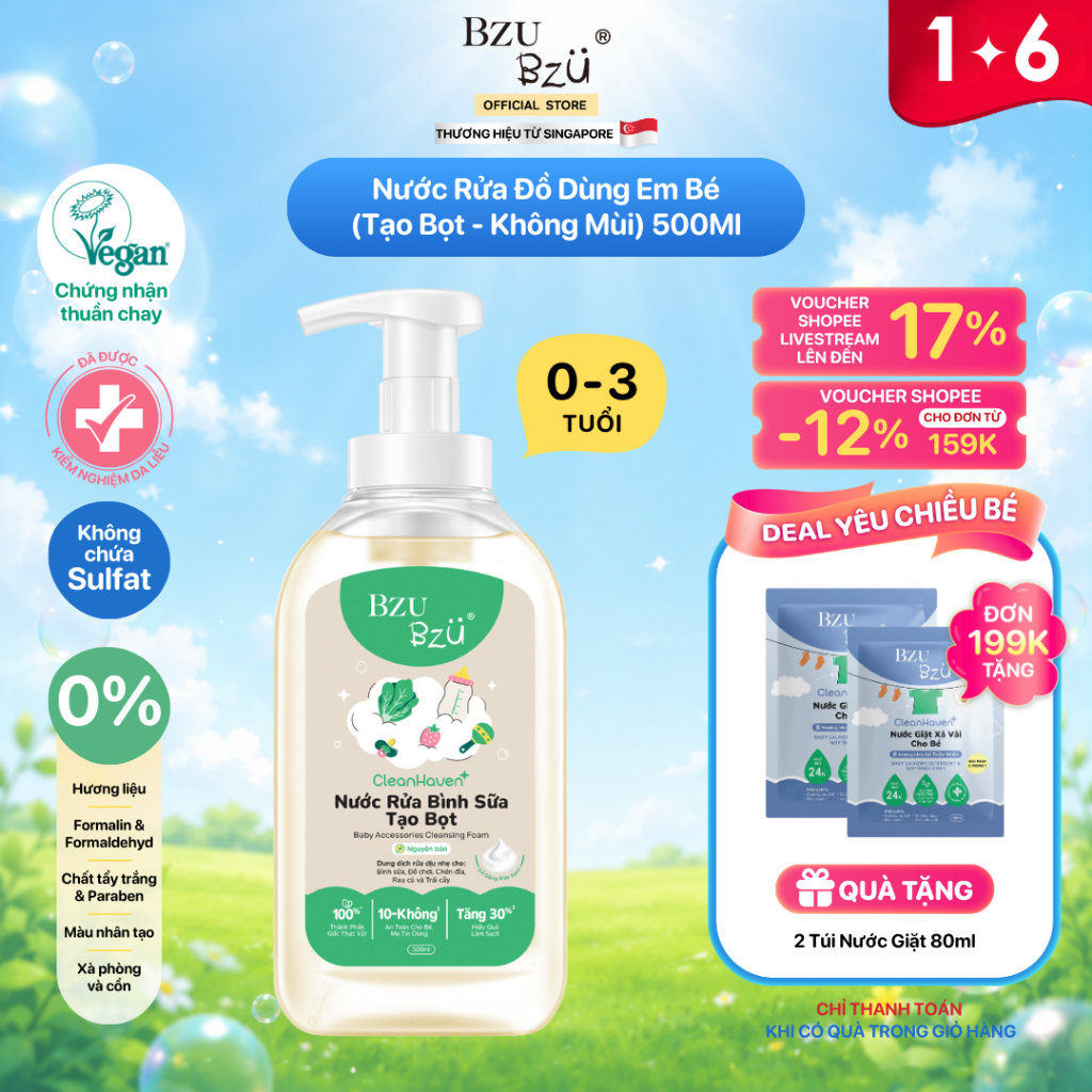 [Phiên bản mới] Nước Rửa Bình Sữa, Rau Củ Quả Và Đồ Dùng Em Bé Thuần Chay BZU BZU CleanHaven Tạo Bọt 500ml, Không Mùi