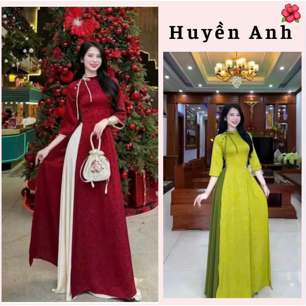 Áo dài gấm cao cấp cổ lệch Phối Nơ, đính cúc phù hợp đi chơi, lễ tết, dự tiệc - áo dài huyền anh