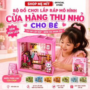 Bộ Nhà Gỗ Mini DIY Lắp Ráp Có Đèn LED, Mô Hình Cửa Hàng Thu Nhỏ Trang Trí Bàn Học Cho Bé