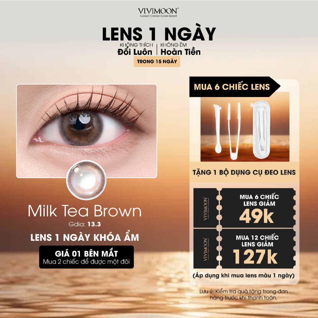 VIVIMOON lens cận 1 ngày Milk Tea Brown, kính áp tròng khóa ẩm màu nâu trà sữa (Giá 1 chiếc-1 bên mắt, x2 để mua 1 đôi)