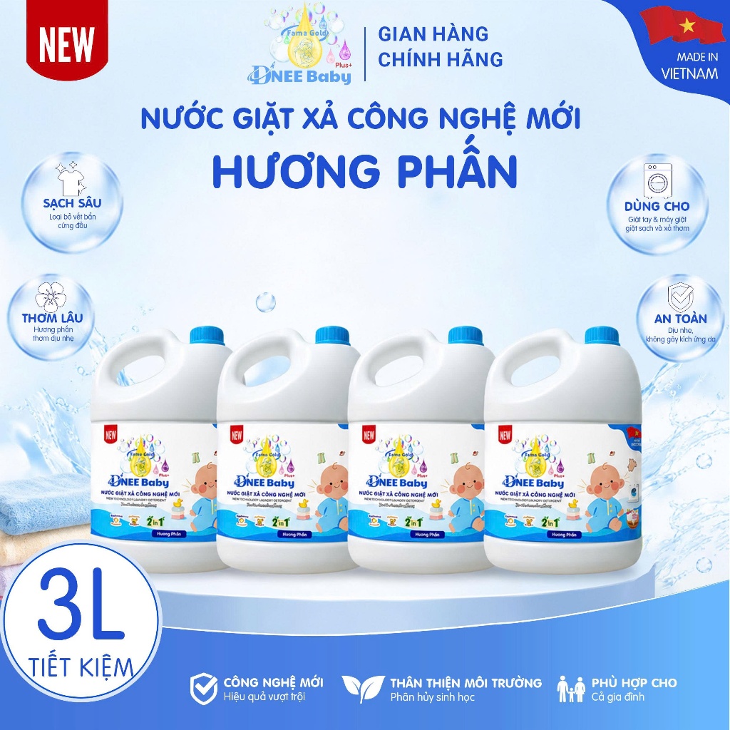 [Thùng 4 Can] Nước Giặt Xả Cho Bé Dnee Baby - 3L Chính Hãng Dịu Nhẹ Cho Da Sơ Sinh, Mềm Vải, Lưu Hương, Giặt Xả 2in
