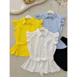 Sét Bộ Áo sơ mi tay bèo thắt lưng eo kết hợp Quần short