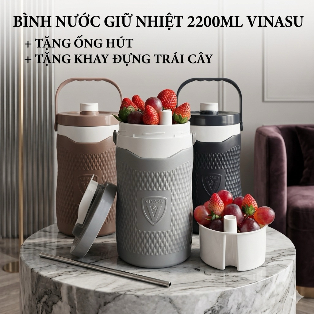 Bình giữ nhiệt 2200ml, bình đựng nước vinasu tặng khay đựng trái cây và ống hút