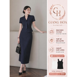 VT260511 -  Set Công Sở Nữ Cao Cấp Xanh Navy Áo Tay Ngắn Cổ Nơ Chân Váy Midi Dài Ôm Dáng Thanh Lịch