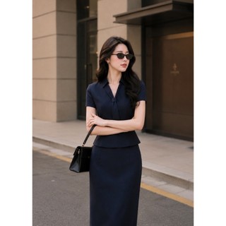 VT260511 -  Set Công Sở Nữ Cao Cấp Xanh Navy Áo Tay Ngắn Cổ Nơ Chân Váy Midi Dài Ôm Dáng Thanh Lịch