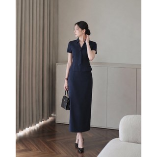 VT260511 -  Set Công Sở Nữ Cao Cấp Xanh Navy Áo Tay Ngắn Cổ Nơ Chân Váy Midi Dài Ôm Dáng Thanh Lịch