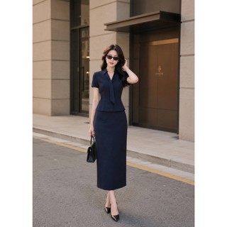 VT260511 -  Set Công Sở Nữ Cao Cấp Xanh Navy Áo Tay Ngắn Cổ Nơ Chân Váy Midi Dài Ôm Dáng Thanh Lịch